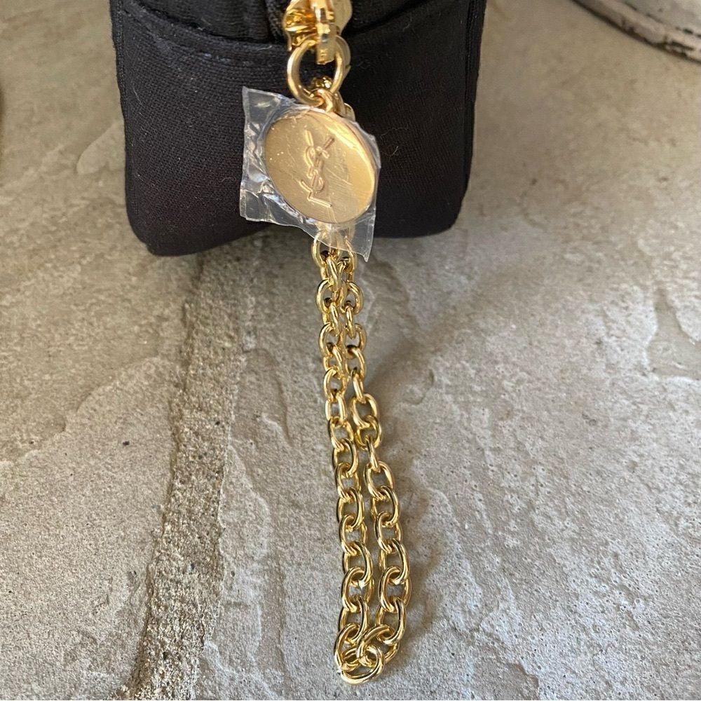 Yves Saint Laurent YSL Parfums Black Canvas Logo Wristlet/Pouch Gold Chain New - Picture 5 of 7